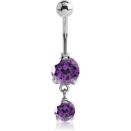 SURGICAL STEEL DOUBLE ROUND CZ JEWELLED WITH DANGLING NAVEL BANANA PIERCING