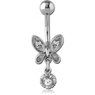 SURGICAL STEEL JEWELLED NAVEL BANANA - BUTTERFLY AND FLOWER PIERCING