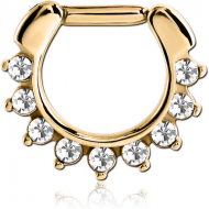 GOLD PVD 18K COATED SURGICAL STEEL ROUND JEWELLED HINGED SEPTUM CLICKER