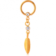 GOLD PVD COATED SURGICAL STEEL JEWELLED BALL CLOSURE RING WITH JEWELLED FEATHER CHARM PIERCING