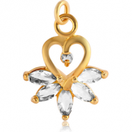 GOLD PVD COATED BRASS JEWELLED CHARM - HEART WITH MARQUISE STONES