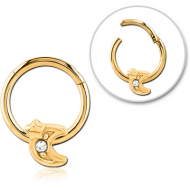 GOLD PVD COATED SURGICAL STEEL JEWELLED HINGED SEGMENT RING - CRESCENT AND STAR PIERCING