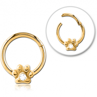 GOLD PVD COATED SURGICAL STEEL JEWELLED HINGED SEGMENT RING - ANIMAL PAW CENTER GEM PIERCING