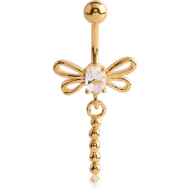 GOLD PVD COATED BRASS JEWELLED DRAGONFLY DANGLING NAVEL BANANA