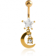 GOLD PVD COATED BRASS JEWELLED STAR NAVEL BANANA WITH MOON CHARM PIERCING