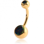 GOLD PVD COATED SURGICAL STEEL DOUBLE JEWELLED NAVEL BANANA WITH SYNTHETIC OPAL