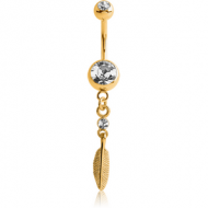 GOLD PVD COATED SURGICAL STEEL DOUBLE JEWELLED NAVEL BANANA WITH FEATHER CHARM