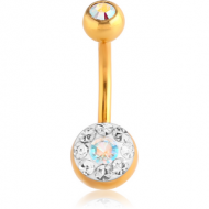 GOLD PVD COATED SURGICAL STEEL CRYSTALINE DOUBLE JEWELLED NAVEL BANANA