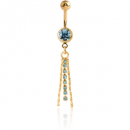 GOLD PVD COATED SURGICAL STEEL JEWELLED NAVEL BANANA WITH JEWELLED DANGLE CHARM