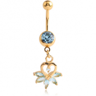 GOLD PVD COATED SURGICAL STEEL JEWELLED NAVEL BANANA WITH JEWELLED HEART CHARM PIERCING