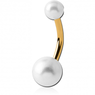GOLD PVD COATED SURGICAL STEEL DOUBLE SYNTHETIC PEARL BALL NAVEL BANANA PIERCING