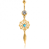 GOLD PVD COATED SURGICAL STEEL JEWELLED NAVEL BANANA WITH DANGLING CHARM - DREAMCATCHER FEATHER PIERCING