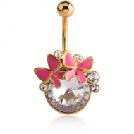 GOLD PVD COATED BRASS JEWELLED NAVEL BANANA WITH ENAMEL - BOW AND BUTTERFLY