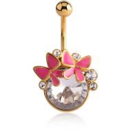 GOLD PVD COATED BRASS JEWELLED NAVEL BANANA WITH ENAMEL - BOW AND BUTTERFLY PIERCING