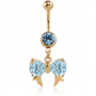 GOLD PVD COATED SURGICAL STEEL JEWELLED NAVEL BANANA WITH DANGLING CHARM - BOW WITH FANGS PIERCING