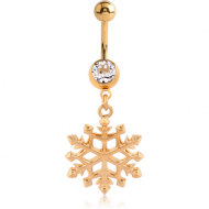 GOLD PVD COATED SURGICAL STEEL JEWELLED NAVEL BANANA WITH DANGLING CHARM - SNOWFLAKE PIERCING