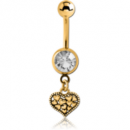 GOLD PVD COATED SURGICAL STEEL JEWELLED NAVEL BANANA WITH CHARM - HEARTS IN HEART PIERCING
