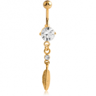 GOLD PVD COATED BRASS JEWELLED NAVEL BANANA WITH DANGLING CHARM - FEATHER PIERCING