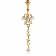 GOLD PVD COATED BRASS JEWELLED BUTTERFLY NAVEL BANANA WITH DANGLING CHARM - PEAR PIERCING