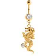 GOLD PVD COATED SURGICAL STEEL JEWELLED NAVEL BANANA WITH DANGLING CHARM - DRAGON PIERCING