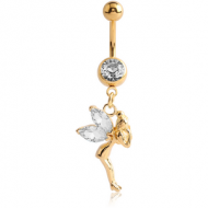 GOLD PVD COATED SURGICAL STEEL JEWELLED NAVEL BANANA WITH DANGLING CHARM - FAIRY PIERCING
