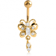 GOLD PVD COATED BRASS JEWELLED BUTTERFLY NAVEL BANANA WITH DANGLING CHARM - DOUBLE JEWEL