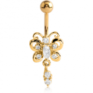 GOLD PVD COATED BRASS JEWELLED BUTTERFLY NAVEL BANANA WITH DANGLING CHARM - DOUBLE JEWEL PIERCING