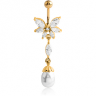 GOLD PVD COATED BRASS JEWELLED BUTTERFLY NAVEL BANANA WITH DANGLING CHARM - SYNTHETIC PEARL PIERCING