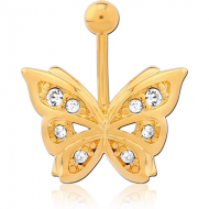 GOLD PVD COATED BRASS JEWELLED NAVEL BANANA - BUTTERFLY PIERCING