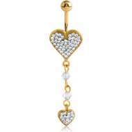 GOLD PVD COATED BRASS CRYSTALINE JEWELLED HEART NAVEL BANANA WITH DANGLING CHARM - HEART PIERCING