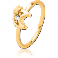 GOLD PVD COATED SURGICAL STEEL JEWELLED SEAMLESS RING - CRESCENT AND STAR PIERCING