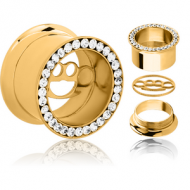 GOLD PVD COATED STAINLESS STEEL DOUBLE FLARED THREADED JEWELLED TUNNEL WITH REMOVABLE BRASS KNUCKLES