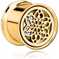 GOLD PVD COATED STAINLESS STEEL DOUBLE FLARED INTERNALLY THREADED TUNNEL - FLOWER PIERCING