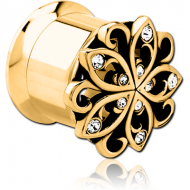 GOLD PVD COATED STAINLESS STEEL DOUBLE FLARED INTERNALLY THREADED JEWELLED TUNNEL PIERCING