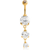 GOLD PVD COATED SURGICAL STEEL TRIPLE ROUND CZ DOUBLE JEWELLED DANGLE NAVEL BANANA