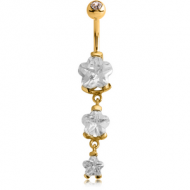 GOLD PVD COATED SURGICAL STEEL TRIPLE HEART CZ DOUBLE JEWELLED DANGLE NAVEL BANANA PIERCING