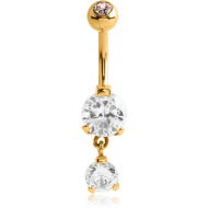 GOLD PVD COATED SURGICAL STEEL TRIPLE HEART CZ DOUBLE JEWELLED DANGLE NAVEL BANANA PIERCING