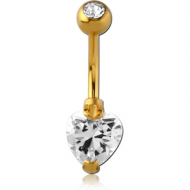 GOLD PVD COATED SURGICAL STEEL HEART 8MM CZ DOUBLE JEWELLED NAVEL BANANA
