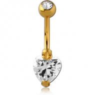 GOLD PVD COATED SURGICAL STEEL HEART 8MM CZ DOUBLE JEWELLED NAVEL BANANA PIERCING