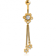 GOLD PVD COATED SURGICAL STEEL JEWELLED NAVEL BANANA WITH WITH DANGLING FLOWERS