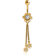 GOLD PVD COATED SURGICAL STEEL JEWELLED NAVEL BANANA WITH WITH DANGLING FLOWERS PIERCING