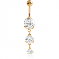 GOLD PVD COATED SURGICAL STEEL TRIPLE ROUND CZ JEWELLED WITH DANGLING NAVEL BANANA
