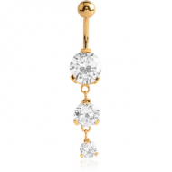 GOLD PVD COATED SURGICAL STEEL TRIPLE ROUND CZ JEWELLED WITH DANGLING NAVEL BANANA PIERCING