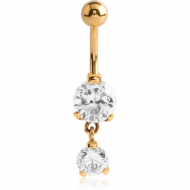 GOLD PVD COATED SURGICAL STEEL DOUBLE ROUND CZ JEWELLED WITH DANGLING NAVEL BANANA