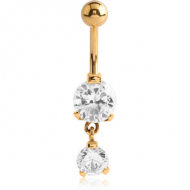 GOLD PVD COATED SURGICAL STEEL DOUBLE ROUND CZ JEWELLED WITH DANGLING NAVEL BANANA PIERCING