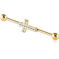 GOLD PVD COATED SURGICAL STEEL INDUSTRIAL BARBELL WITH JEWELLED - CROSS PIERCING