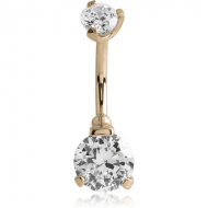 GOLD PVD COATED SURGICAL STEEL INTERNALLY THREADED ROUND PRONG SET DOUBLE JEWELLED NAVEL BANANA PIERCING