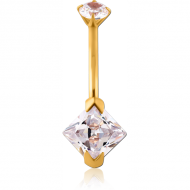 GOLD PVD COATED SURGICAL STEEL INTERNALLY THREADED PRONG SET DOUBLE JEWELLED NAVEL BANANA PIERCING