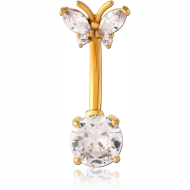 GOLD PVD COATED SURGICAL STEEL INTERNALLY THREADED DOUBLE JEWELLED NAVEL BANANA PIERCING