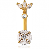 GOLD PVD COATED SURGICAL STEEL INTERNALLY THREADED DOUBLE JEWELLED NAVEL BANANA PIERCING